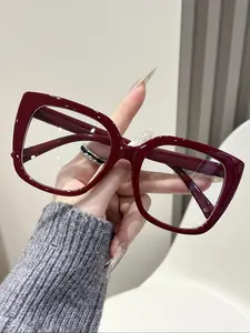 Fashion Flat Mirror Women High-End Large Frame Cat Eye Trendy No Prescription Casual Decorative Glasses Anti-Blue Light, Full Rim PC Frame