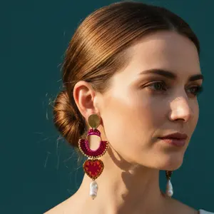 The Magenta Arch Earrings — Leather, Crochet & Baroque Pearl