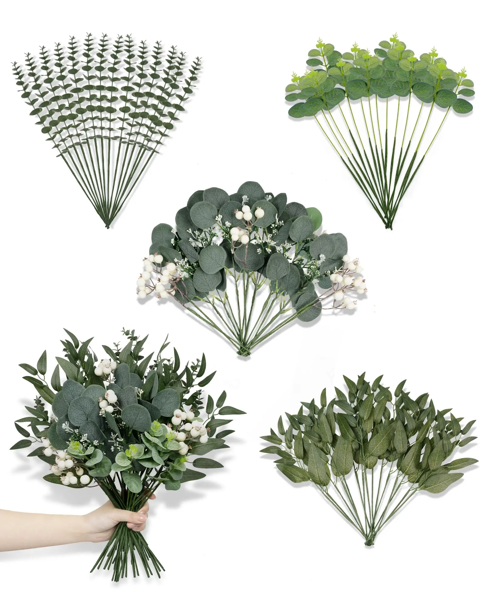 60 Pcs Mixed Artificial Eucalyptus Leaves Stems Bulk, 5Kinds Fake Greenery Silver Dollar Leaves Dried Eucalyptus Bundle with White Seeds Berry for DIY Bouquets Floral Arrangement Wedding Vase