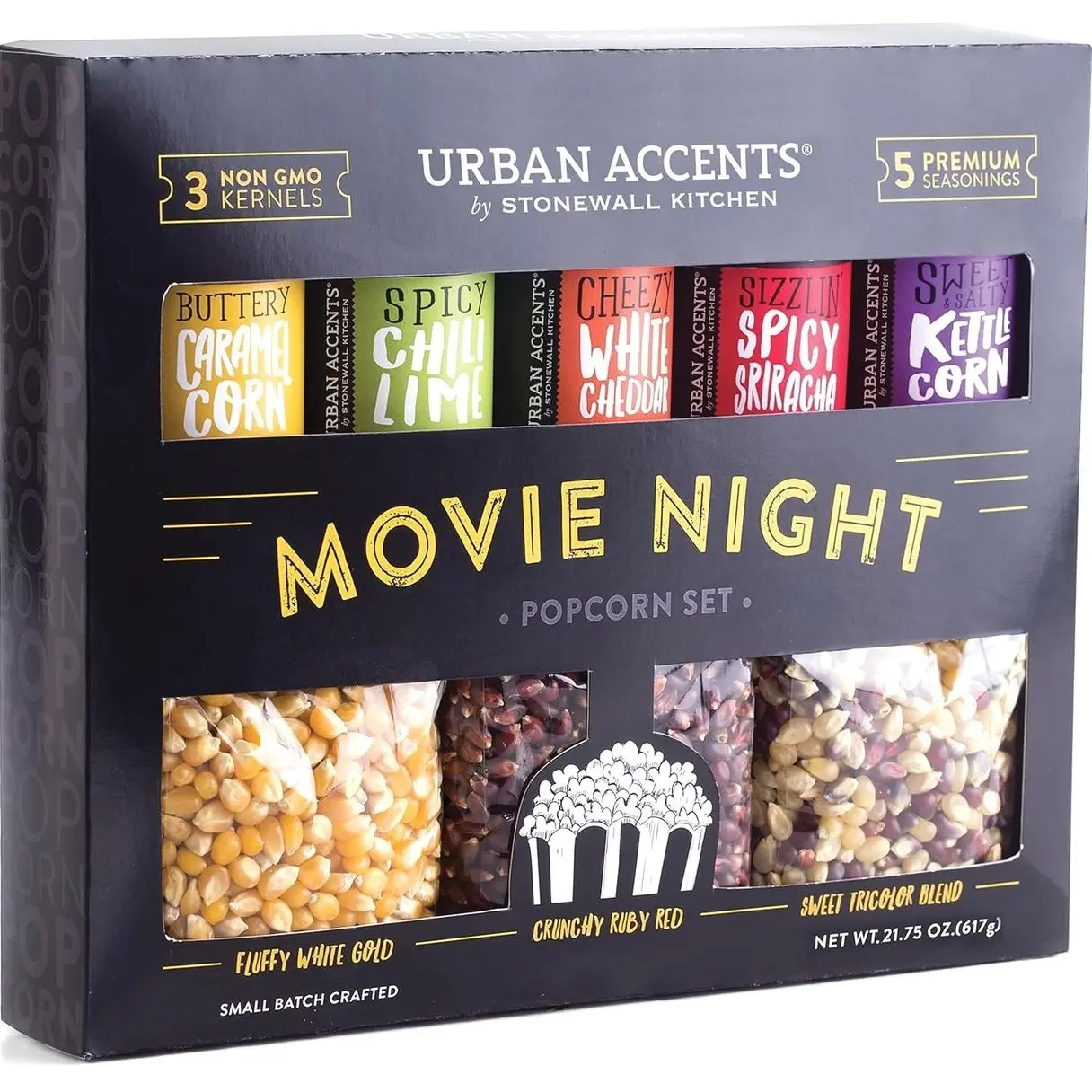 Urban Accents Movie Night Popcorn Gift Set – Includes 3 Gourmet Popcorn Kernel Varieties & 5 Flavorful Seasonings – Perfect Snack Gift Box for Parties, Holidays, or Movie Lovers