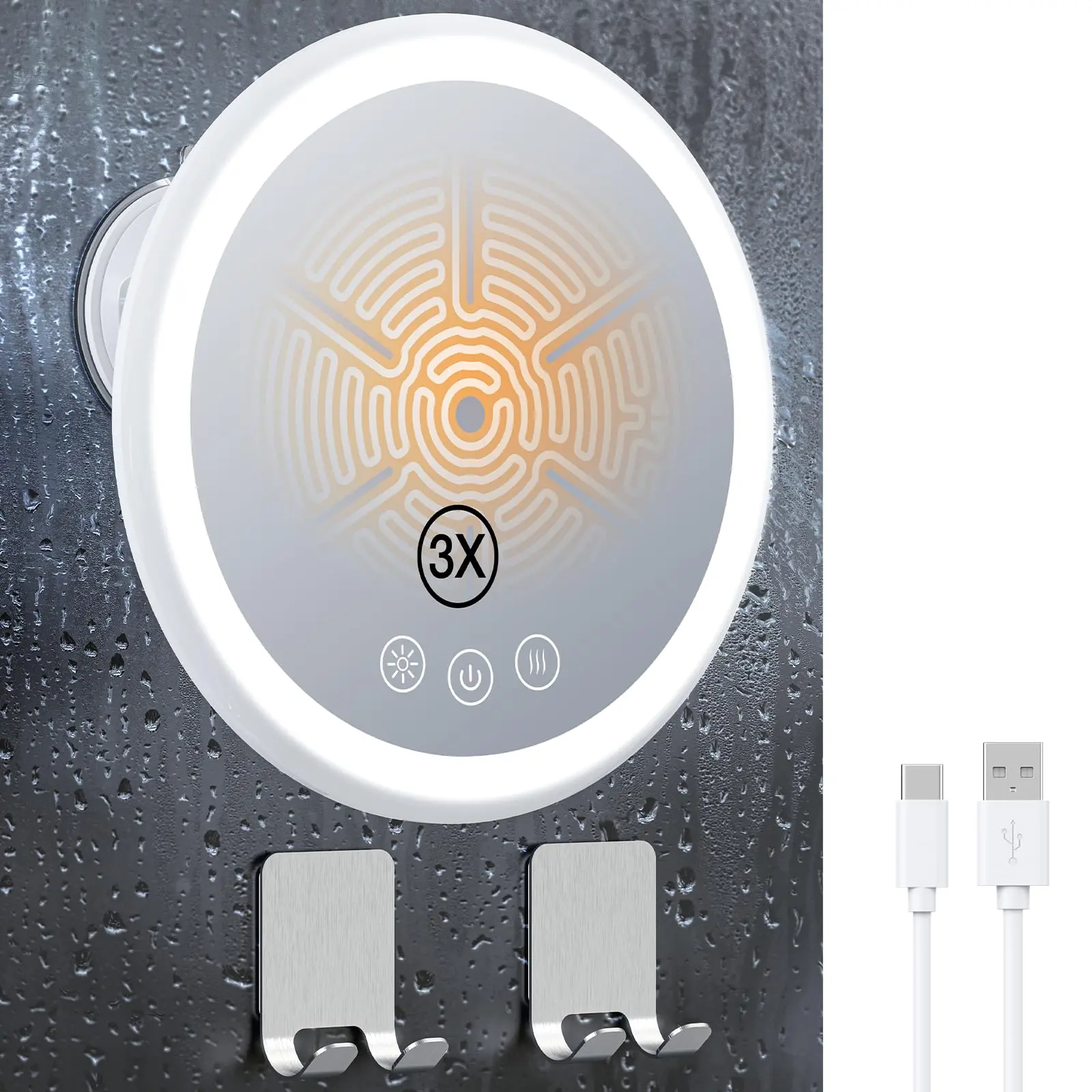 3x Magnifying Heated Shower Mirror Fogless For Shaving  5000mah 360° Swivel & Magnetic Design 8.3" Anti-fog With 3 Color Lights Includes 2pcs Adhesive Hooks