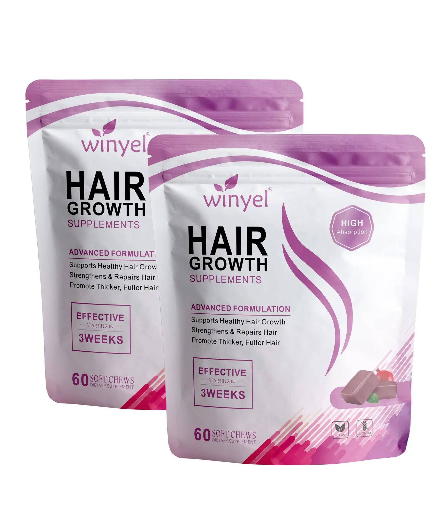 WINYEL Hair Growth Dietary Supplement Soft Chewables - Mixed Berry Flavor, with Biotin, Vitamin C, Nutrients for Men & Women, Supports Thicker, Fuller, Stronger Hair, 60 Count