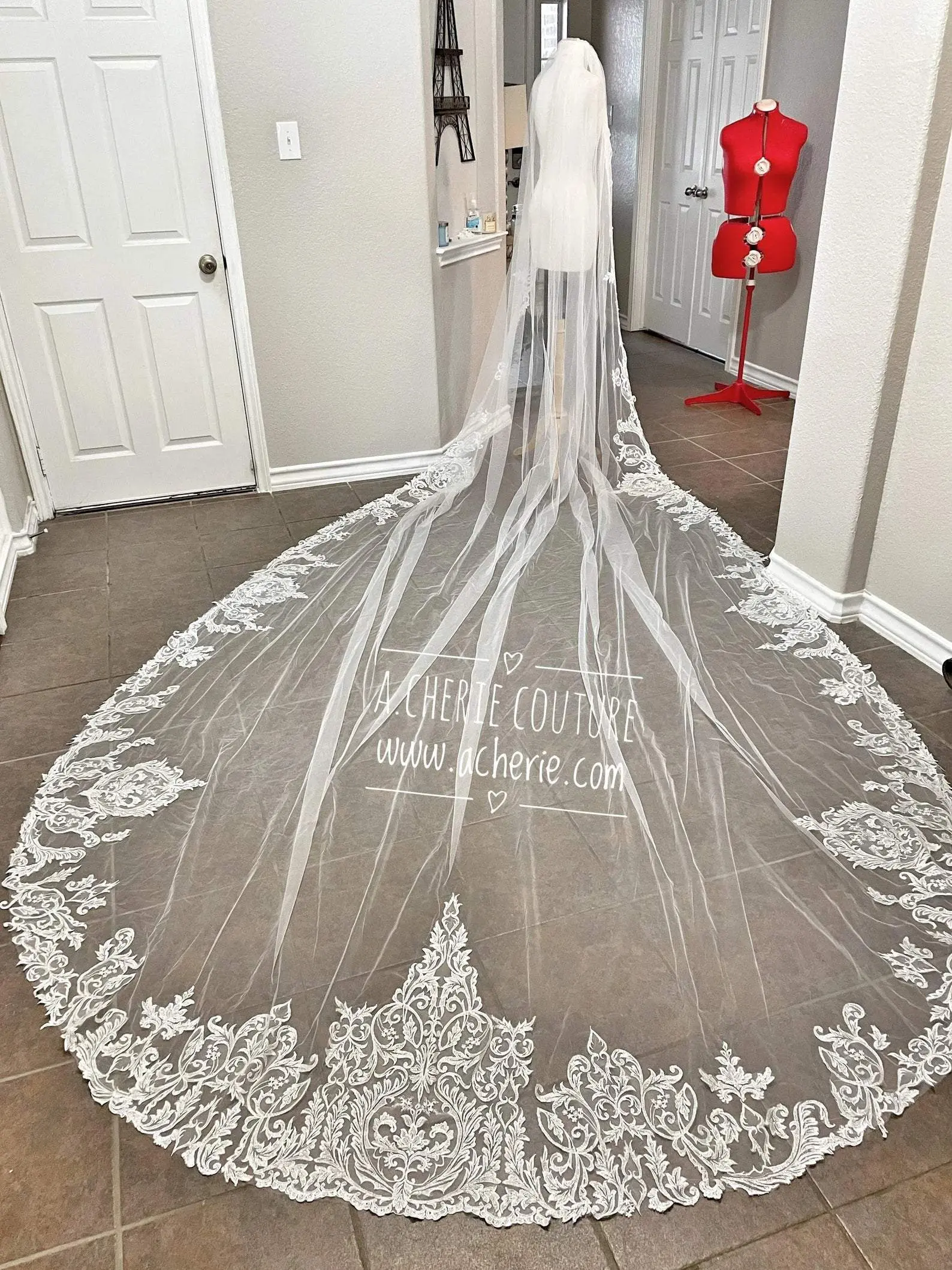 Royal Cathedral Bridal Veil, 190-Inch Light Ivory Tulle with Sequined Lace Appliqué Edge, Made-to-Order Wedding Veil with Comb, Rv02 Veil