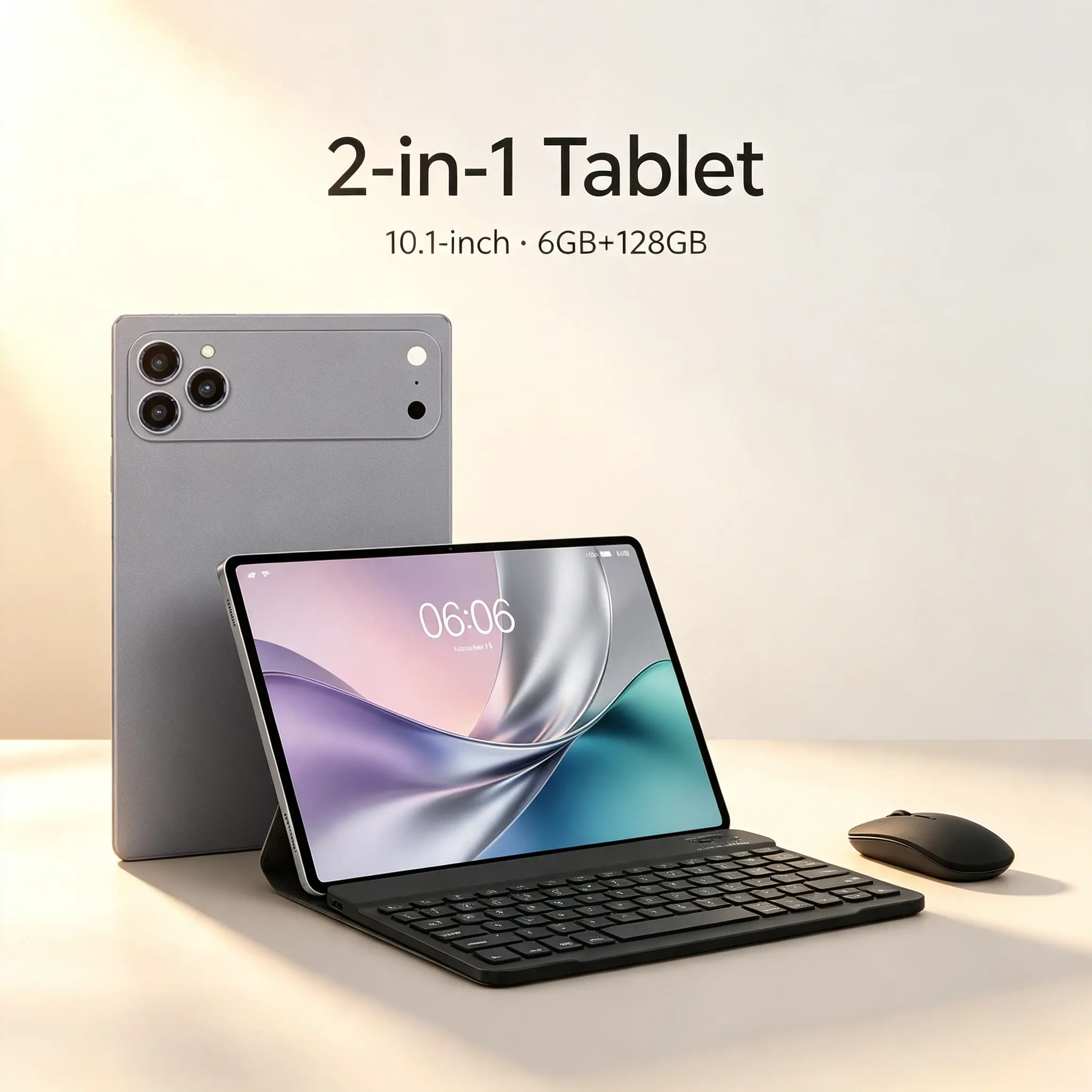 A 10.1-inch Android 14 tablet with a keyboard, mouse, stylus, and protective case; 6GB of RAM; 128GB of internal storage; WiFi support; a 5MP + 16MP dual-camera setup; support for 1TB SD card expansion; and a 6000mAh battery. Smartphone Cellphone