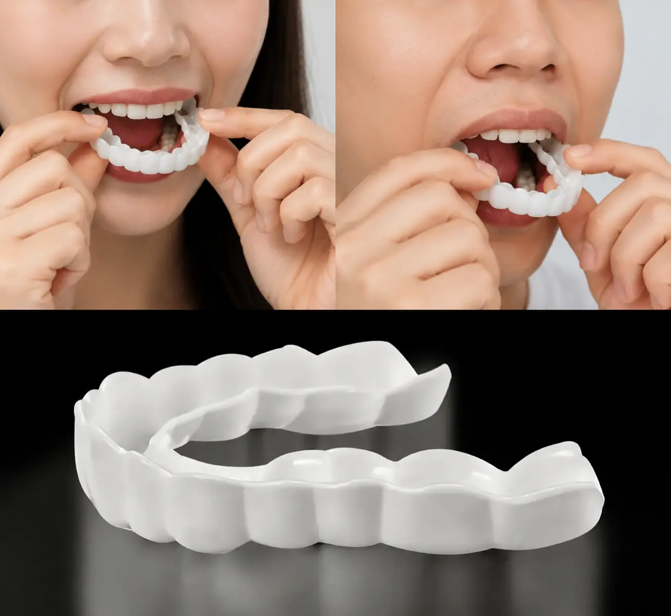 Silicone Snap-On Smile False Teeth Set (2 Pairs with Polypropylene), Instant Veneers, Cosmetic Whitening Covers, Clip-In Top & Bottom Dentures for Teeth Stain Coverage & Radiant Smiles