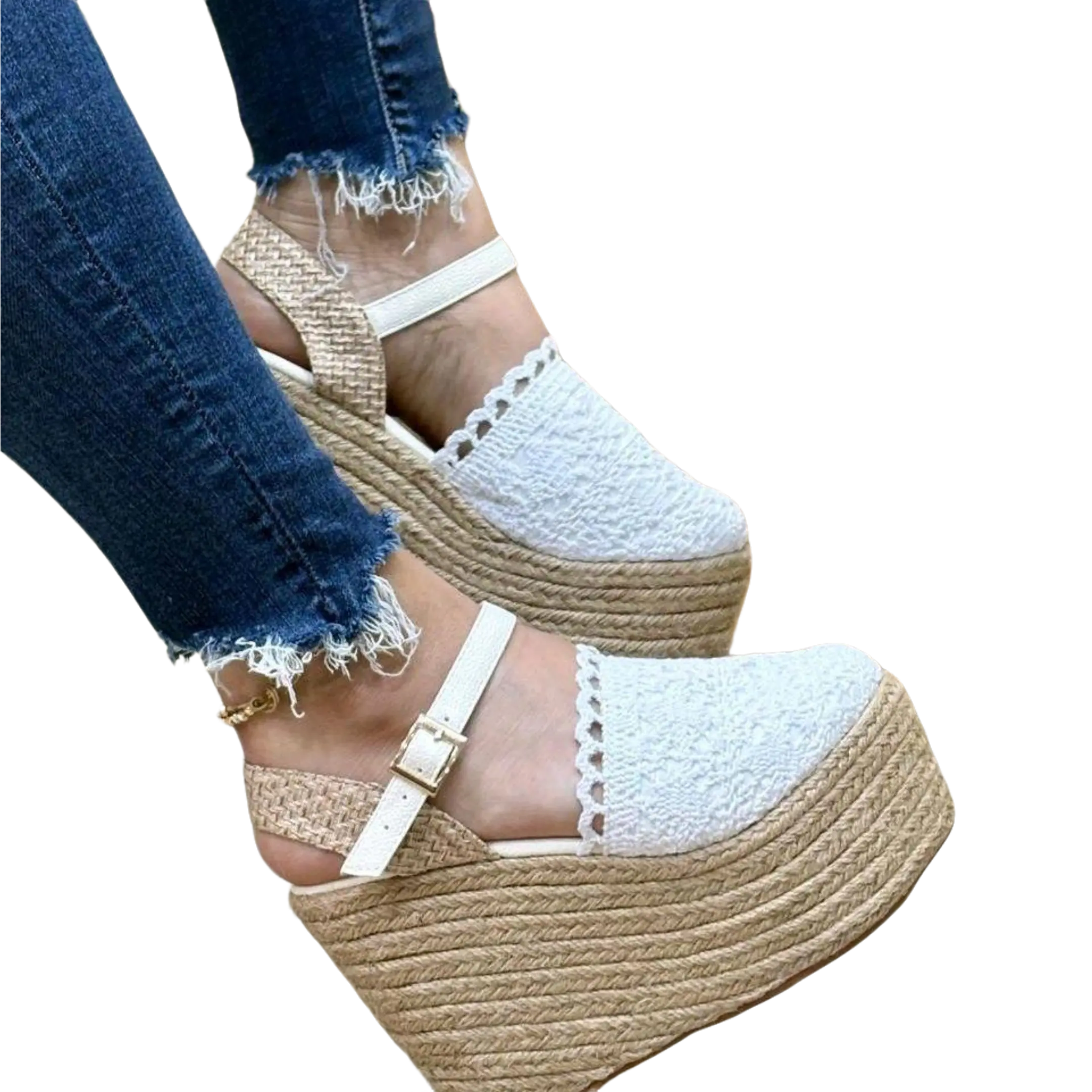 VIVI Sandalia de Plataforma 2 Tonos de 12 cm - White Lace Wedge Sandals with Buckle Closure