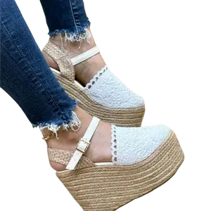 VIVI Sandalia de Plataforma 2 Tonos de 12 cm - White Lace Wedge Sandals with Buckle Closure