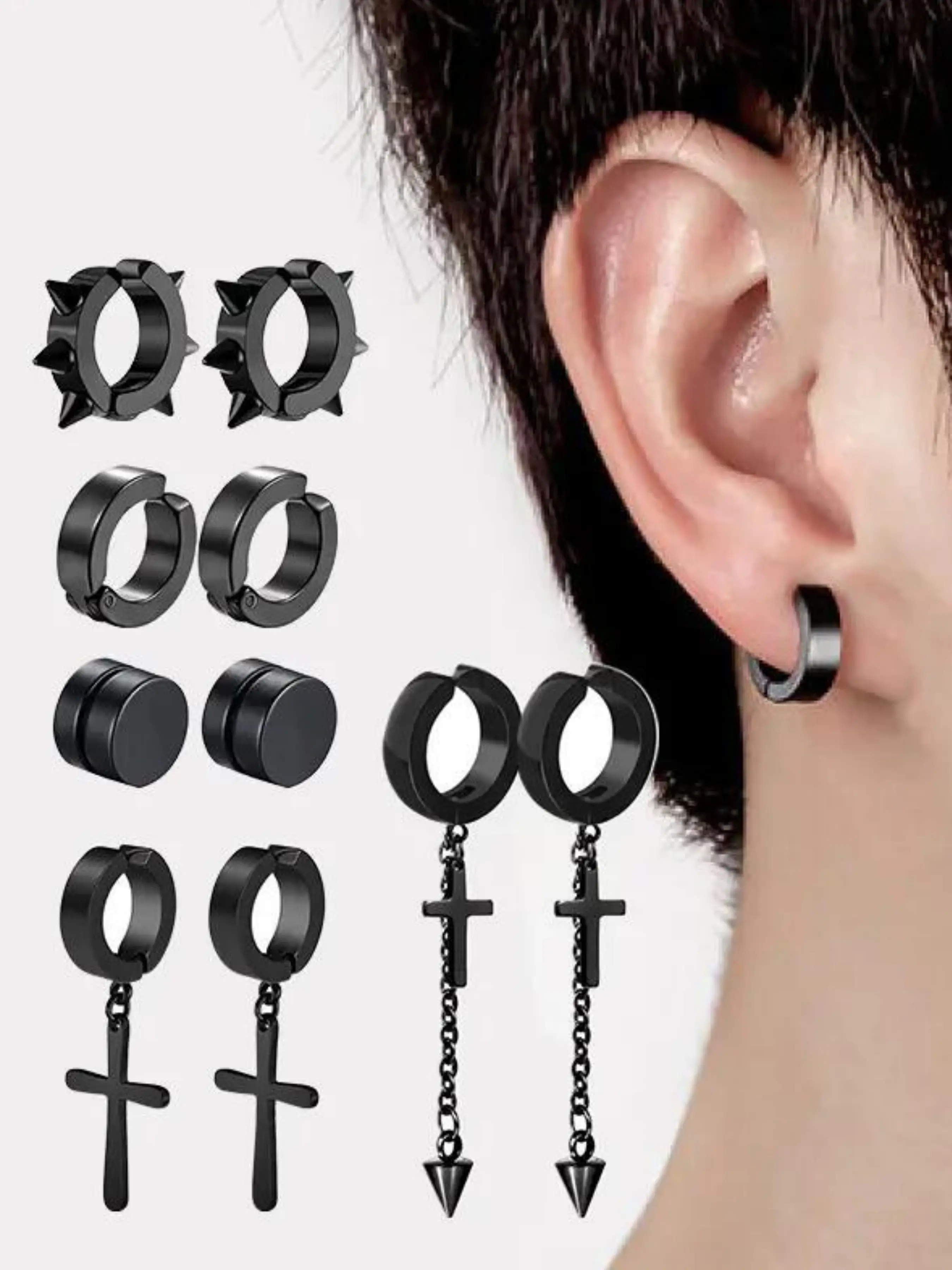 Men's Punk Cross Pendants Stainless Steel Earless Magnet Punk Style Earrings Set, Fashionable Men's Jewelry, 5 Pairs, Magnetic Earrings, Earcuff, Ear Cuffs Non Piercing, Stylish and Durable