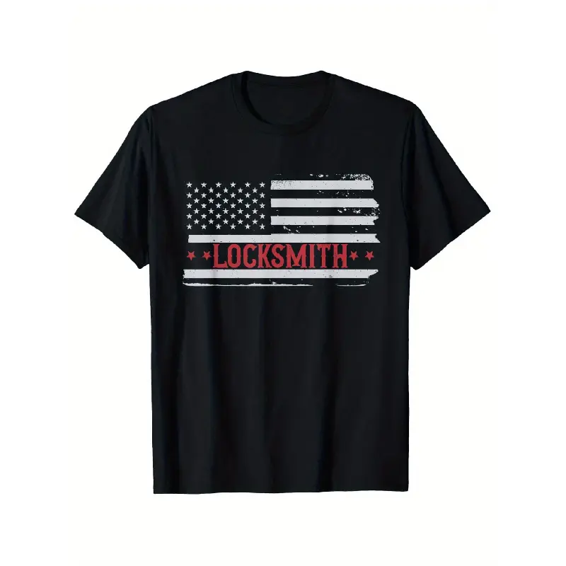 Menswear Vintage Graphic American Flag T-Shirt - 100% Cotton, Round Neck, Shortsleeve, Slight Stretch Crew Neck Tee, Casual Workwear for Locksmiths (Sizes S-XXXL)