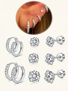 5 Pairs Stainless Steel Cz Earrings Set, Elegant Studs for Lobe, Cartilage, Tragus, Unisex, Fashion Gift, 20g Helix Flat Back