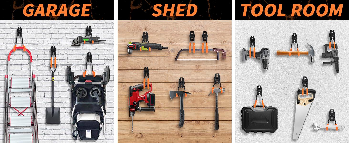 12 Pack Garage Hooks Heavy Duty Garage Organization Hooks for Tools Wall Mount Utility Hook Garage Hanger with 2 Extension Cord Straps Organiser