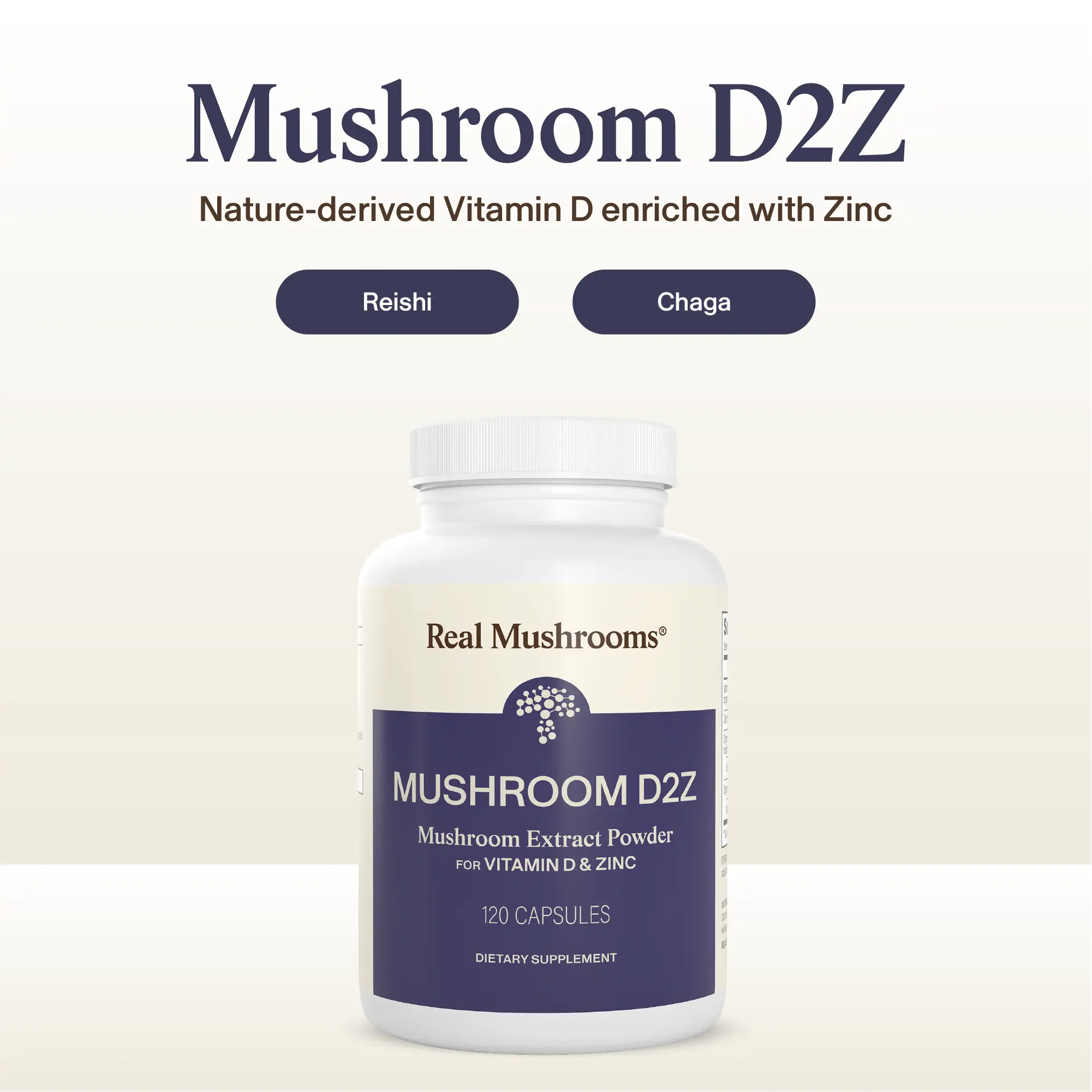 Real Mushrooms D2Z | Vegan Vitamin D2 2000 IU & Zinc 30mg with Organic Reishi & Chaga | Immune Support, Plant-Based | 100% Mushroom-Sourced