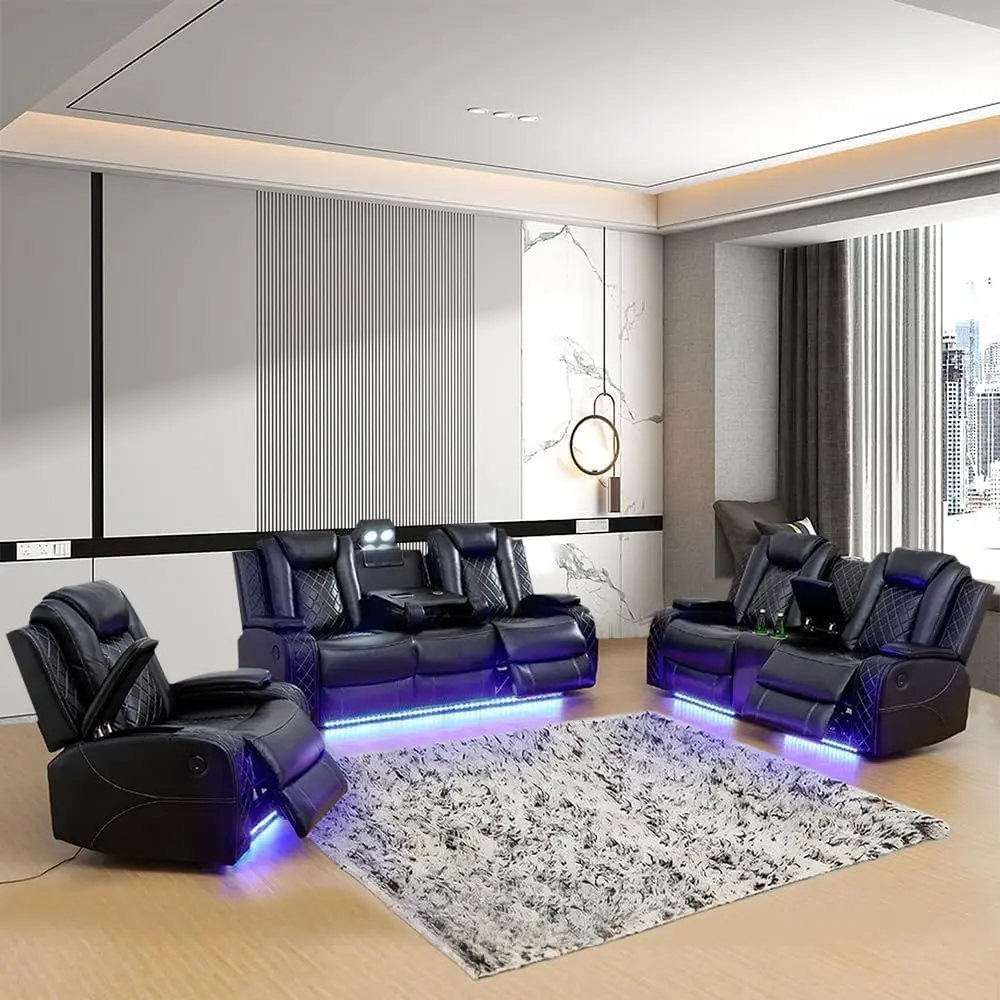 Black Leather 3-Piece Assembled Power Recliner Set - Comfy Couch, Built-In Entertainment Design, USB Charging, Watch Party Home Theater Seating, Adjustable Arms Living Room Furniture (Sofa + Loveseat + Chair)