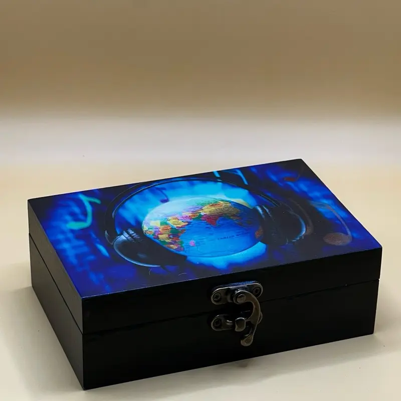 Chicago Custom Print Custom Memory Box - Neon Music Notes Storage Container with Hinged Lid, Soft Felt Lining, 4x6 Inches, Black Finish, Portable Design Decorative Gift Organizer Wooden