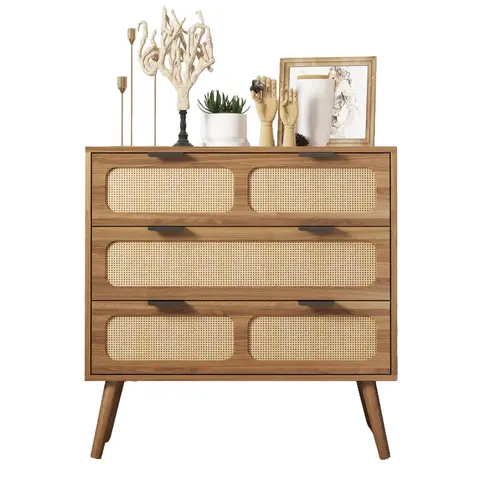 Giratree 3 Drawer Dresser, Modern Rattan Dresser Chest with Wide Drawers and Metal Handles, Farmhouse Wood Storage Chest of Drawers for Bedroom, Living Room, Hallway, Entryway
