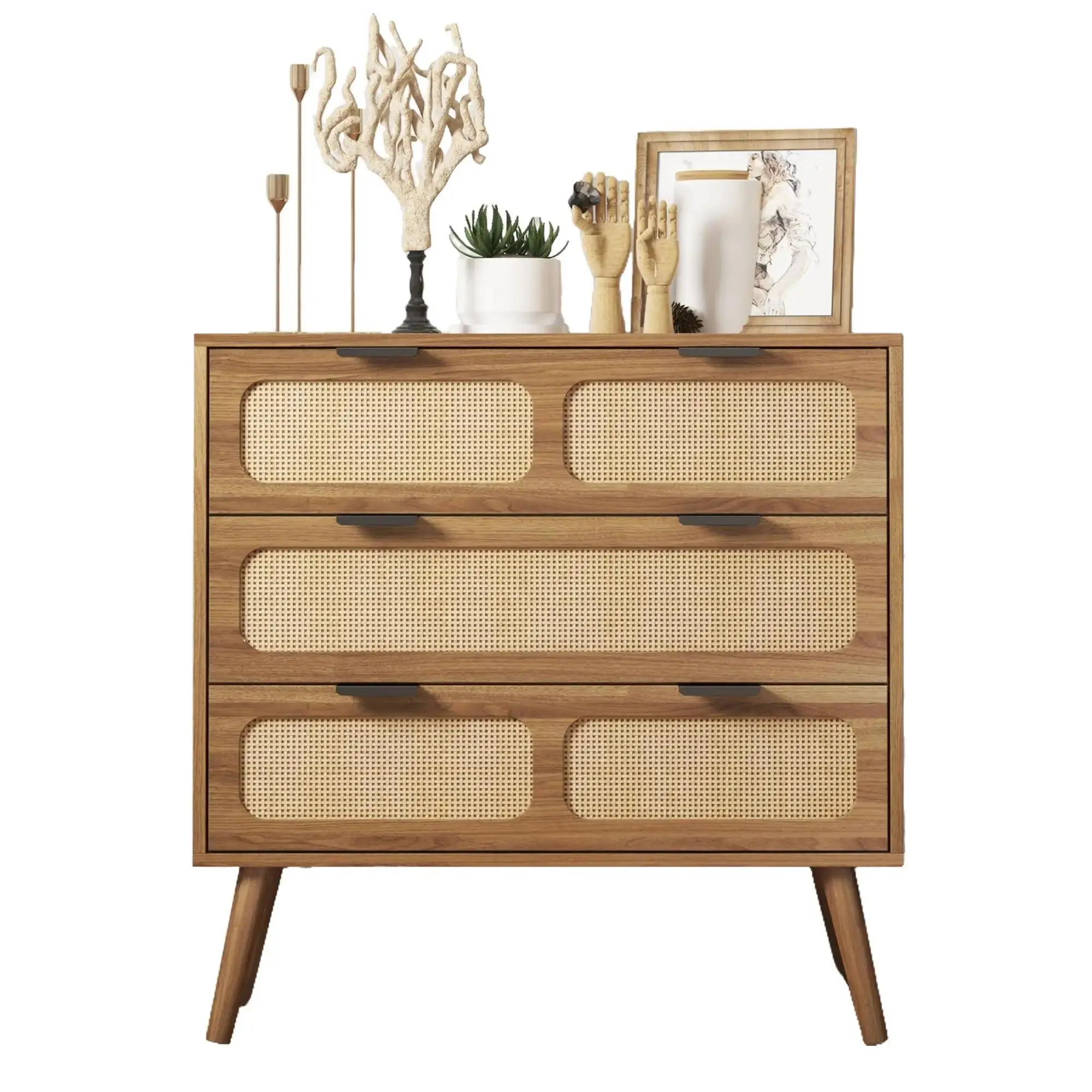 Giratree 3 Drawer Dresser, Modern Rattan Dresser Chest with Wide Drawers and Metal Handles, Farmhouse Wood Storage Chest of Drawers for Bedroom, Livin