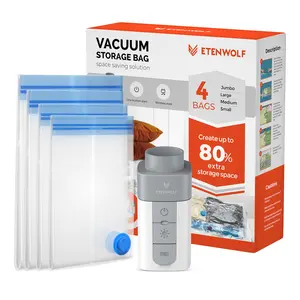 ETENWOLF 4 Pack Vacuum Storage Bags with Rechargeable Wireless Pump for Clothes Travel Space Saver Bags in Jumbo Large Medium Small Sizes Perfect for Luggage and Suitcases