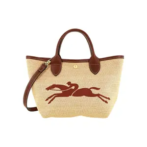 Longchamp Le Panier Pliage 21 Woven Embroidery Clasp Canvas and Leather Trim Tote Bag for Women in Brown