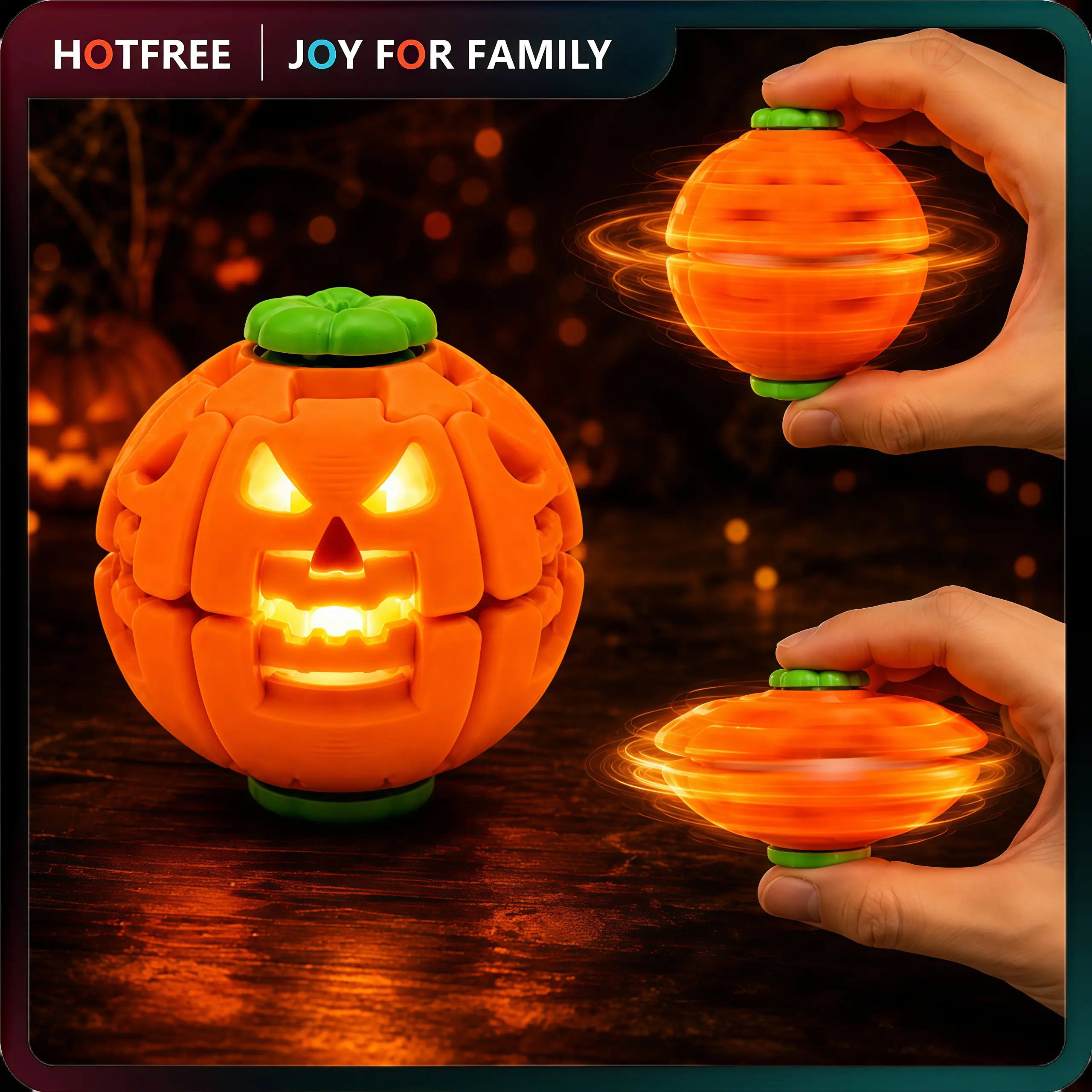 Hotfree Halloween Pumpkin Fidget Spinner, LED Light Up 2‑in‑1 Rotating 3D Printed Fidget Ball, Stress Relief Sensory Puzzle Toy for Kids, Halloween Party Favors & Gifts