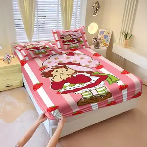 Pink White Stripe Cute Strawberry Girl Cartoon Print Bed Sheet Set, 1 Fitted Sheet + 2 Pillowcases - 3 Piece, Coquette Girly Soft Microfiber Bedding for Girls Bedroom, Coquette Style Deep Pocket, Gift for Girls Women Strawberry Shortcake Fans