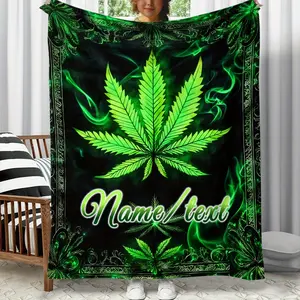 Customizable Green Maple Leaf Throw Blanket -  Personalized Fleece Blanket with Name/Text, Tear-Resistant, All-Season Knitted Polyester, Glam Style for Sofa, Travel, Camping, Living Room, Office, Couch, Chair, and Bed