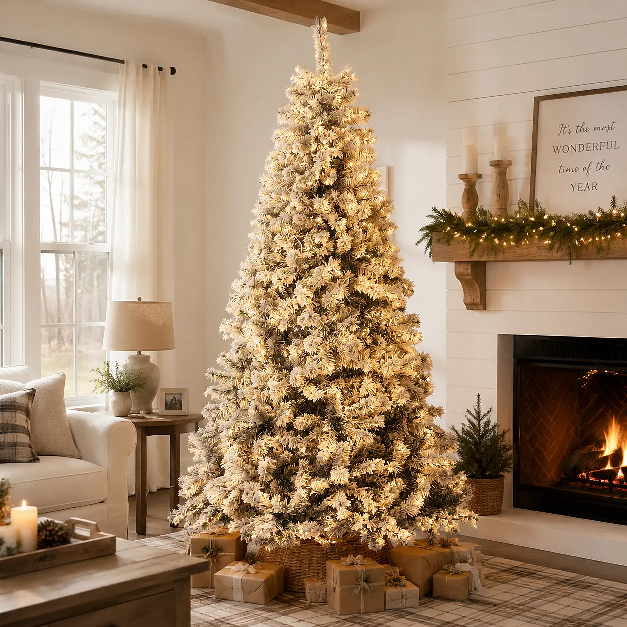 6.5ft Flocked Snowy Artificial Christmas Tree with Lights, 900 Branch Tips, 250 LED Warm Lights and 11 Lighting Modes, Foldable Xmas Tree with Metal Stand homedecor holiday gift