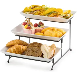 3 Tier Serving Trays Stand Porcelain Serving Platters 12 Inch White Serving Plates Dinner Platters for Appetizer Snack Fruit Cup Cake Server Tray Display Serving Dishes for Entertaining