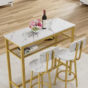 [SOIYELIFE] Dining Table Set with 2 Stools,3 Piece Counter Height for Kitchen, Living Room, Small Apartment Breakfast Table White Faux Marble Top Cool furniture dining  chairs