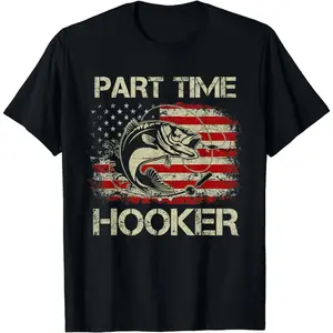 Cotton Short Sleeve Part Time Hooker Vintage Funny Fishing Fisherman USA Flag T-Shirt for Men WomenKnitted pure cotton comfortable T-shirt