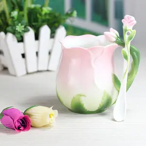 Creative 3D Rose Flower Tea Cup Set, 320ML Ceramic Mug with Spoon, Rural Style, 4 Colors Available, High-End Aesthetic Design, Drinkware