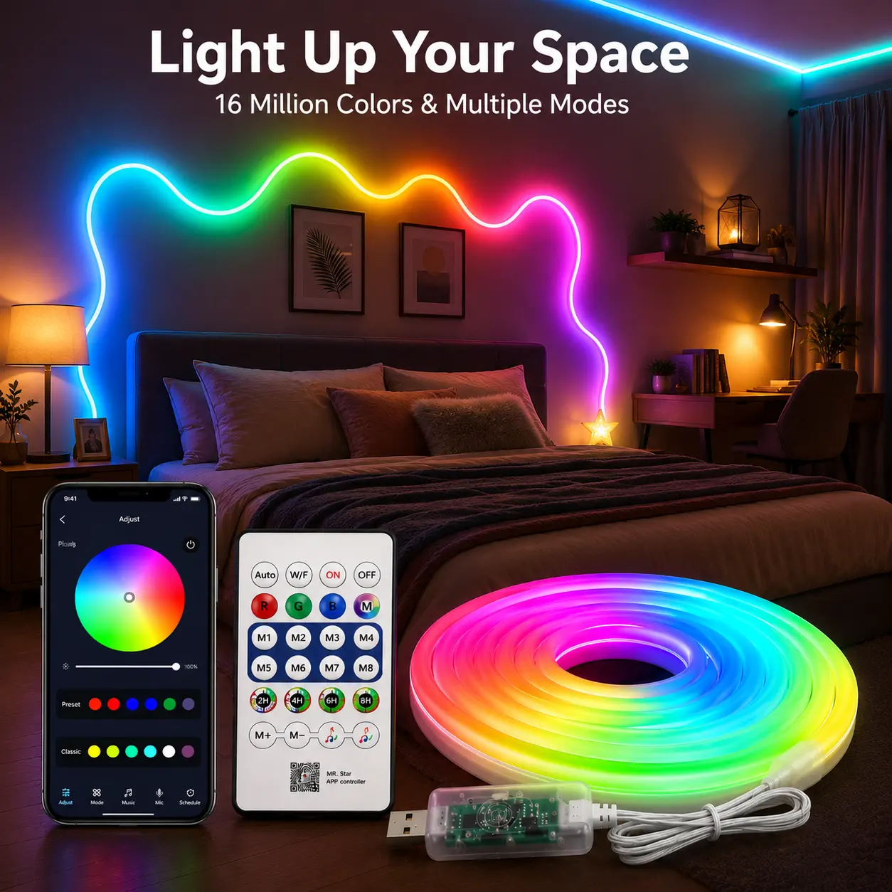 Bedroom Neon Lights, 5M RGBIC Mood Light Strip with Bluetooth App, Remote Control and Music Sync, USB Powered Flexible Neon Rope Lights for Bed Frame, Wall and Aesthetic Room Decor