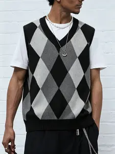 Men's Fashion Casual V-Neck Knit Vest, Patchwork Unique Pattern, Sleeveless Pullover Sweater, Versatile Summer Layering Top