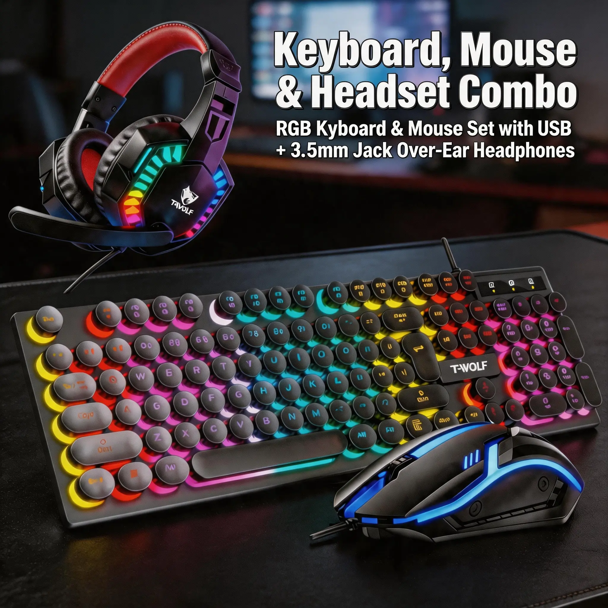RGB Gaming 3-in-1 Combo Mechanical-Sense Keyboard Mouse Headset Set, Wired USB 3.5mm LED Backlit Black Gaming Peripherals for Entry Desktop PC