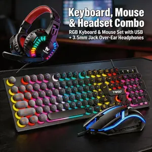 RGB Gaming 3-in-1 Combo Mechanical-Sense Keyboard Mouse Headset Set, Wired USB 3.5mm LED Backlit Black Gaming Peripherals for Entry Desktop PC