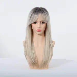 Orange-DWY Long-length Straight Layer-cuts with Bangs Glueless Synthetic Wig for Women 24 Inches