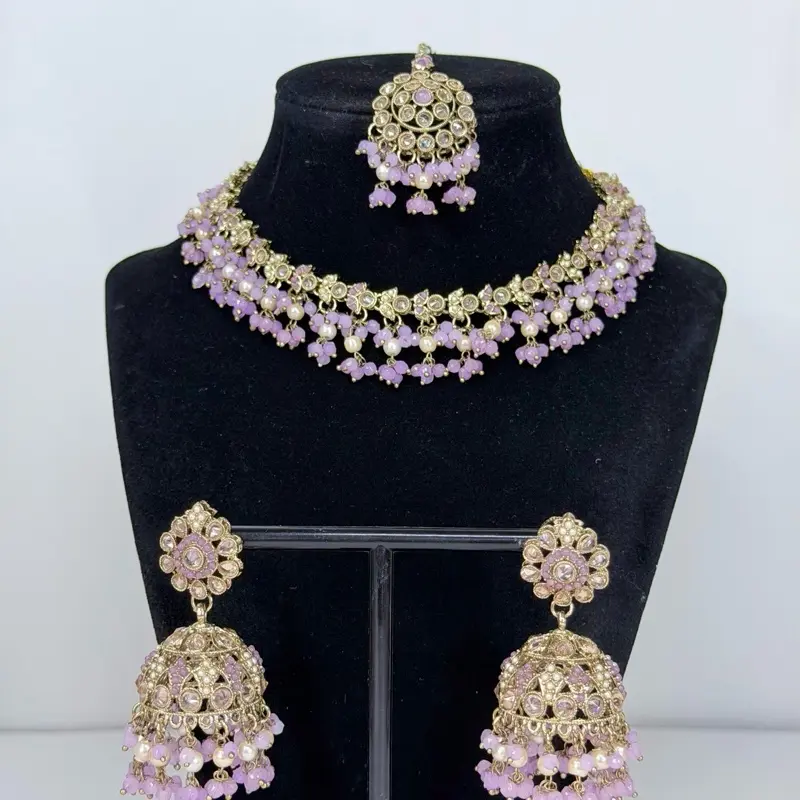 Sleek Leela Lightweight Polki Necklace with Jhumka and Tikka - Must Have Accessory for All Occasions Comfortable and Versatile Jewelry Set