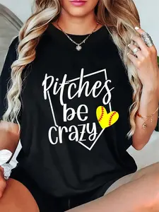 Softball Pitcher's 'Pitches Be Crazy' Funny Graphic T-Shirt - Black Casual Tee with Baseball & Heart Design, Short Sleeve Round Neck, Machine Washable