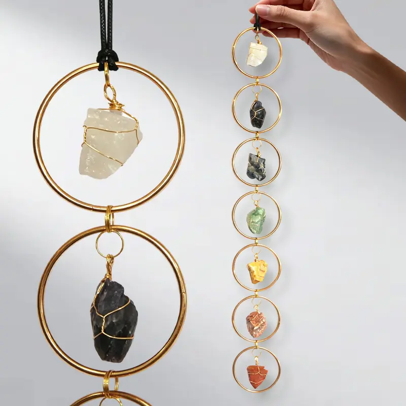 7 Chakra Crystal Wall Hanging, Natural Raw Stone Gold Metal Ring Wall Decor, Boho Spiritual Window Ornament for Bedroom Living Room Meditation Room, Gift Box Included