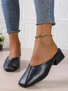 Women's European Style Heeled Slip-On Sandals, Summer Square Toe Mules, Casual Outdoor Comfortable Slippers, Party Evening Wear