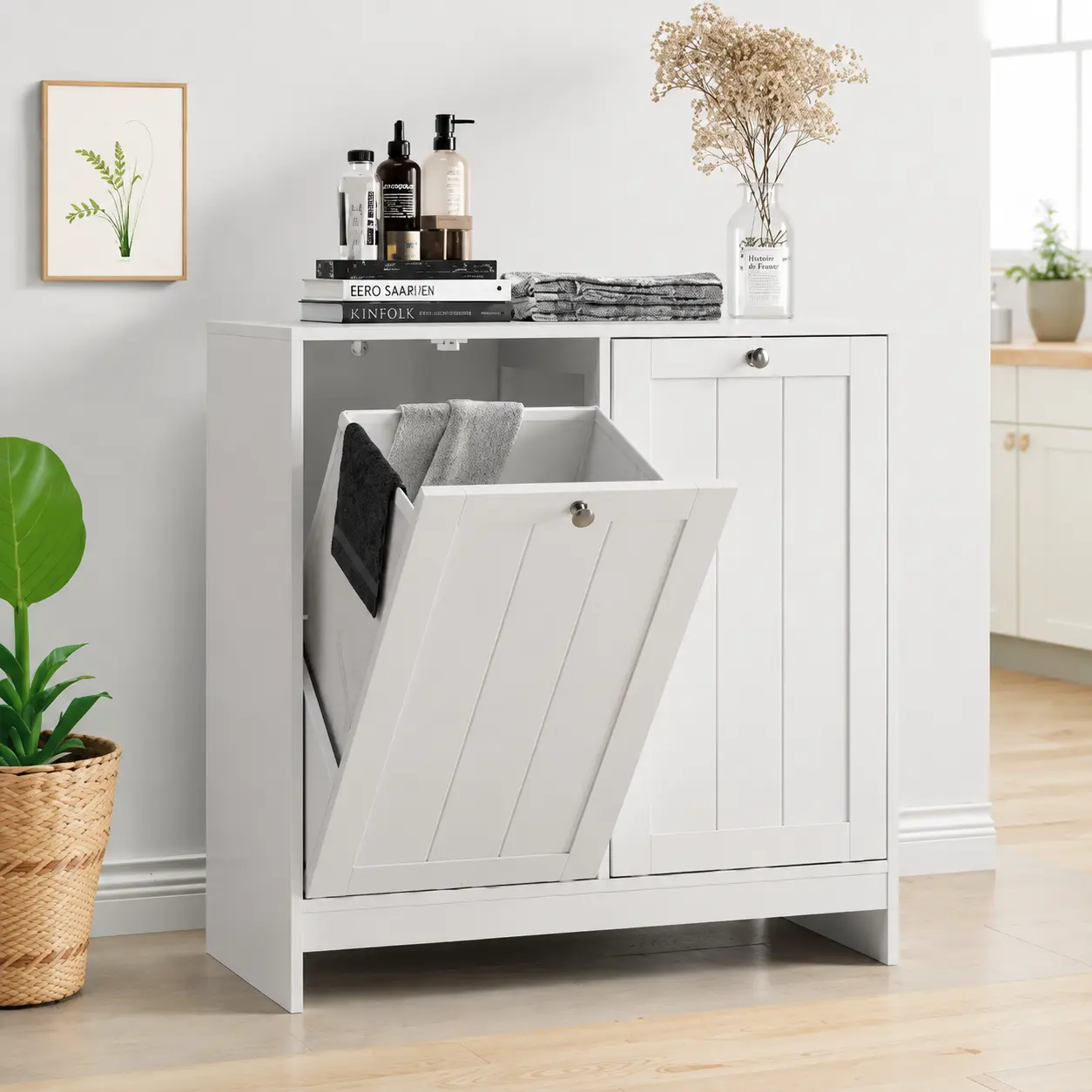 Tilt Out Laundry Hamper Cabinet With 2 Removable Baskets, Hidden Laundry Storage Organizer With Anti Tip Design For Bathroom Laundry Room