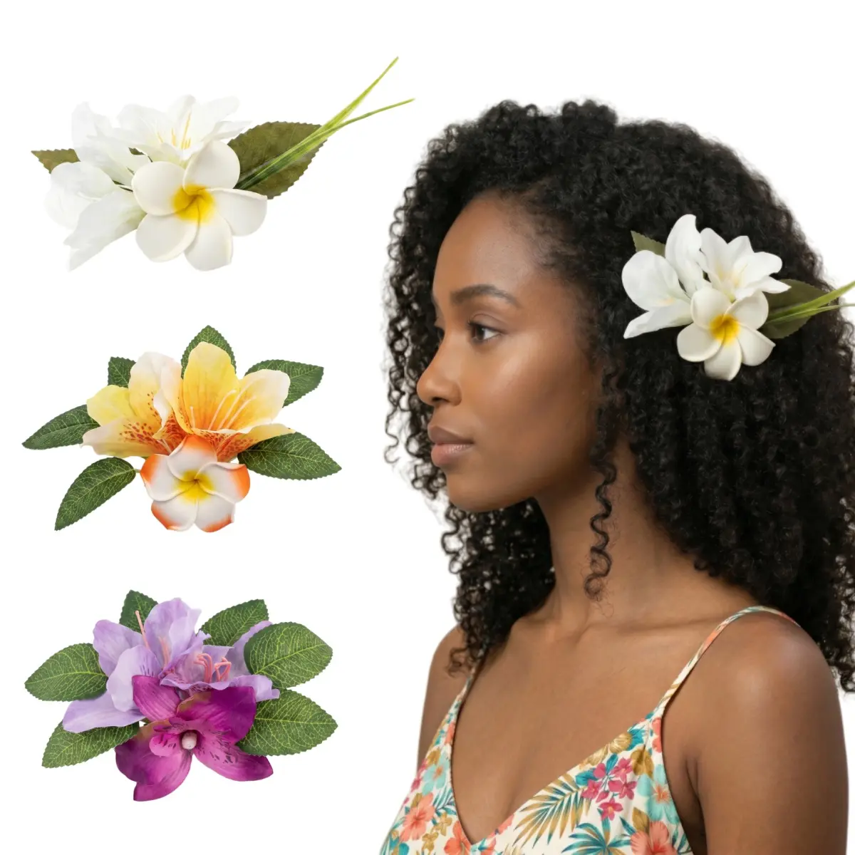 3 PCS Handmade Tropical Flower Hair Clips - Realistic Hawaiian Plumeria & Hibiscus Floral Hair Pins for Women Girls, Luau Party Beach Wedding Accessories, Summer Vacation Hair Decoration Set