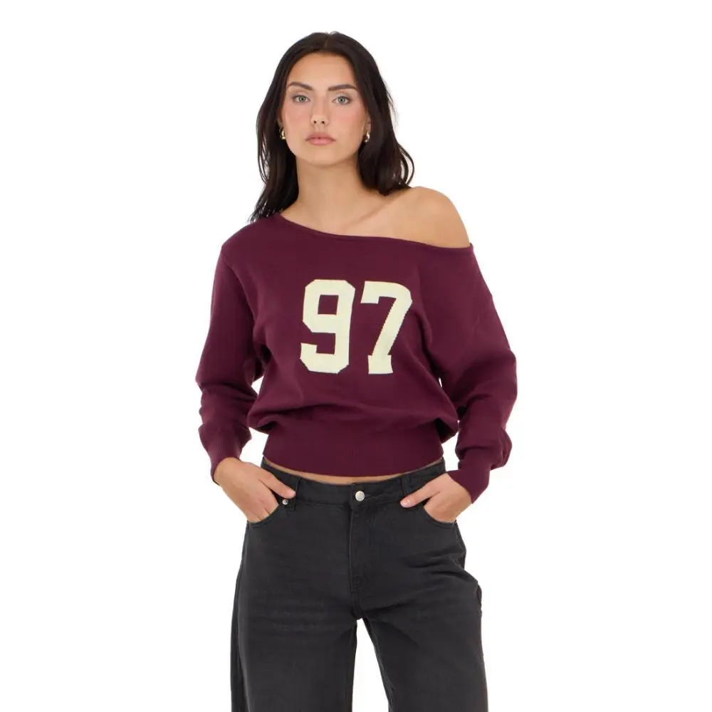 Forever 21 Women's Sweater, Slouchy Off-Shoulder Long Sleeve Knitwear Pullover with High Ribbed Hem for Casual Wear