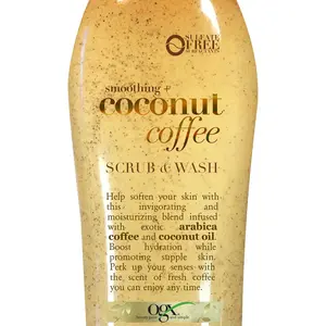 OGX Smoothing + Coconut Coffee Exfoliating Body Scrub with Arabica Coffee & Coconut Oil, Moisturizing Body Wash for Dry Skin, Paraben-Free with Sulfate-Free Surfactants, 19.5 Fl Oz