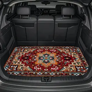 Vintage Boho Bohemian Car Trunk Mat, Retro Ethnic Floral Pattern Waterproof Anti-Slip Cargo Liner, All-Weather Heavy Duty Protection, Anti-Scratch Durable Trunk Floor Pad, Universal Fit for SUV Sedan Truck, Easy To Clean & Install