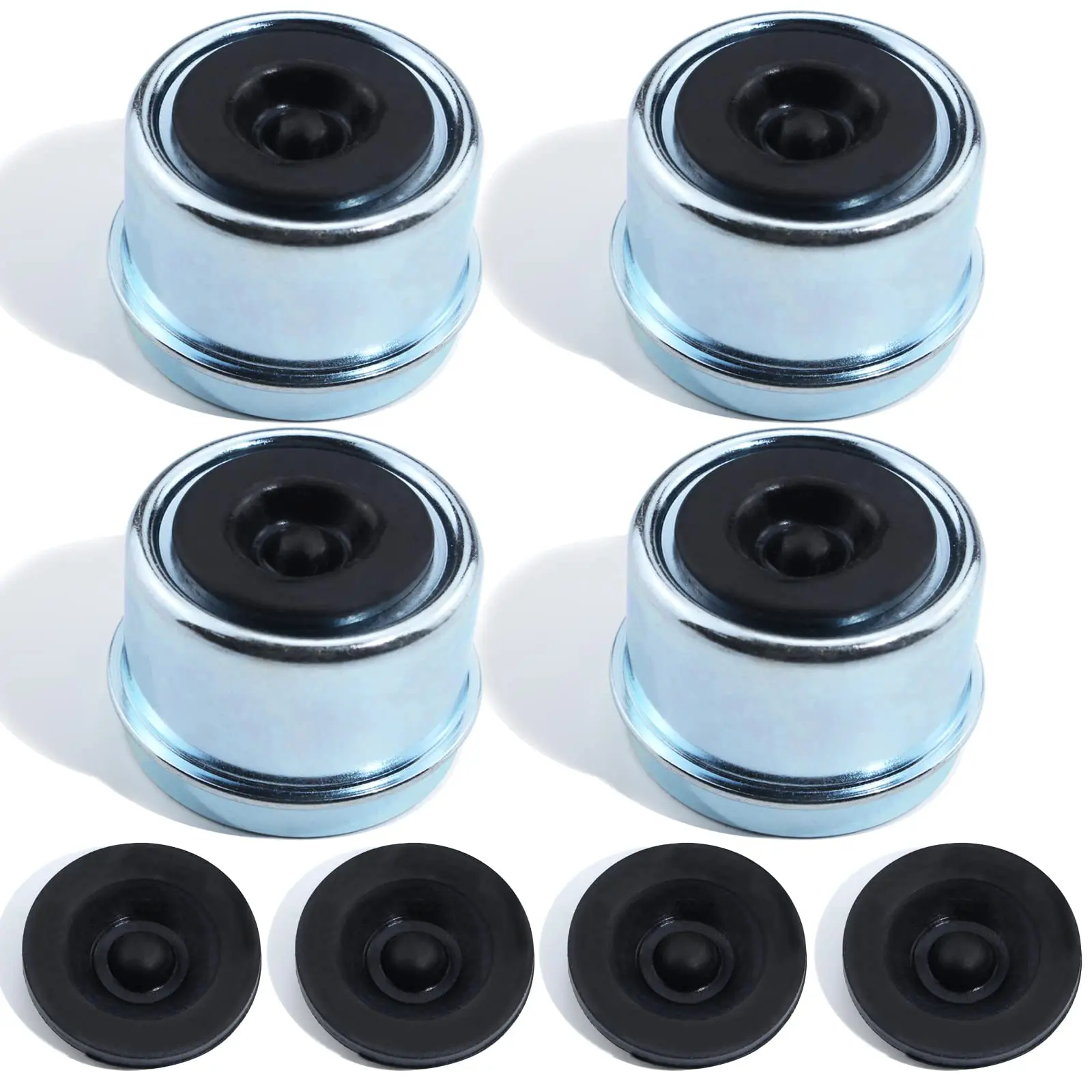 4pcs 1.98" Trailer Hub Cap Axle Bearing Dust Cup Grease Cover With 8 Rubber Plugs Bolt Metal Wheel And Caps For 2000 To 3500 Pound Axles Dexter