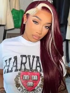26 Inch Long Length Red And Blonde Straight Synthetic Lace Front Design Wigs Natural Hairline Wine Red And Honey Blonde Skunk Stripe Wigs Middle Parting Heat Resistant Fiber Hair