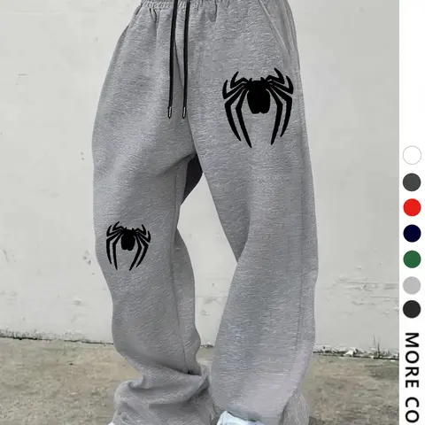 Unisex Spider Pattern Drawstring Waist, Casual Gothic Sweatpants, Loose-Fit Bottoms for All Seasons, Casual Lounge Sweatpants