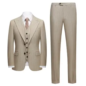 Men's Classic Stripe Suit 3 Piece Elegant Business Suit Two Button Wedding Prom Tuxedo Jacket Vest & Pants 2024-Cream-coloured slim fit Men's Business Men's Three-Piece prom suit party suits