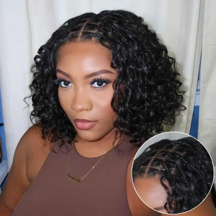 Boho Braided Deep Curly 5x5 Closure Lace With Braided Bob Human Hair Wigs Curly Deep Wave Glueless Plucked Lace Short Wig Ready To Go