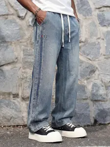 Men's Loose Fit Drawstring Jeans, Pocket, Vintage Washed Elastic Waist, Casual Daily Wear, Comfortable Fashion Denim Jeans, All Seasons